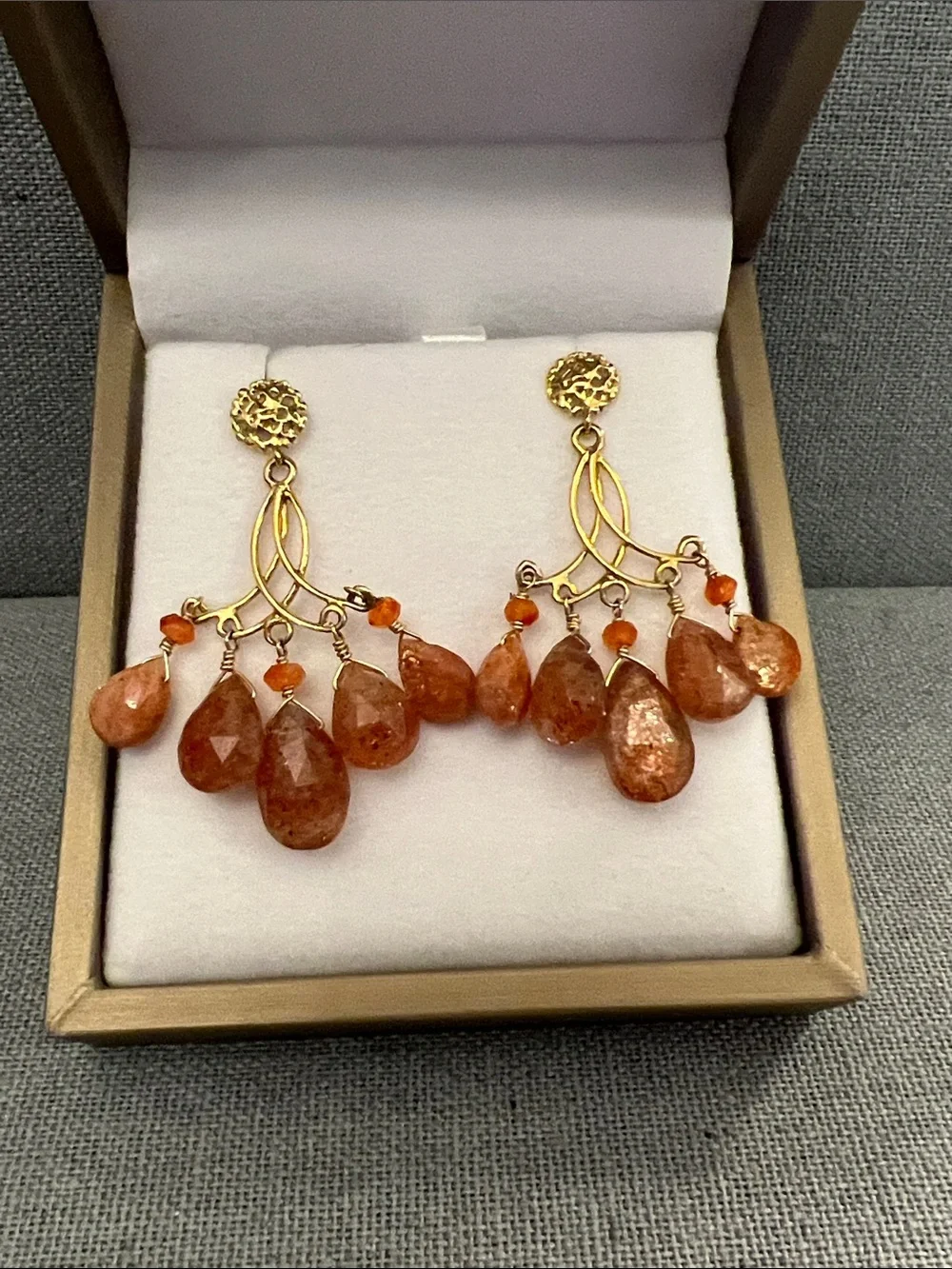 Gold Drop Earrings with Orange Gem Sunstone Teardrops - Picture 1 of 5